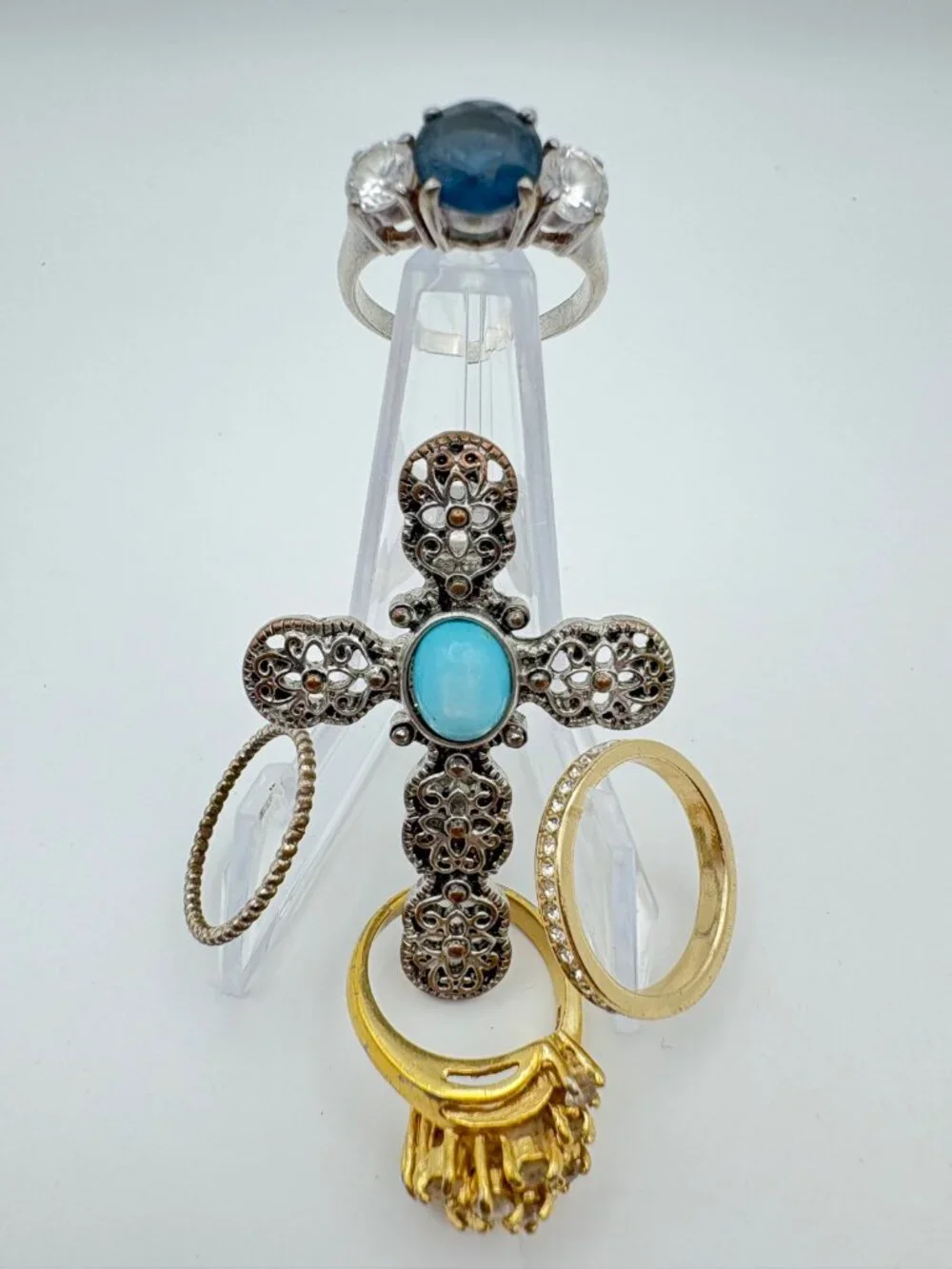 Vintage Fashion Ring Lot 5-Piece Cross Turquoise Rhinestone Cluster Band Variety